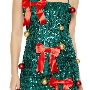 Forever 21 Christmas Green Sequin Mini Dress with Red Accents